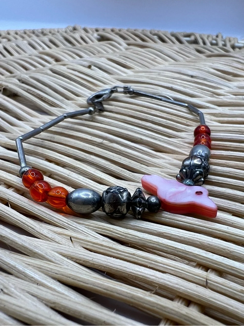 Vintage Southwestern Liquid Silver Pink Mother of Pearl Bird Fetish Bracelet